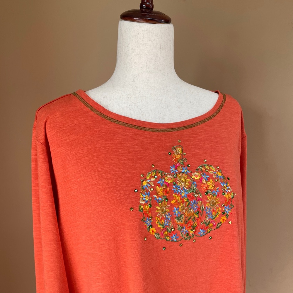 Quacker Factory Womens Pumpkin Embroidered‎ Long Sleeve Top 2X Halloween Fall - Picture 3 of 9
